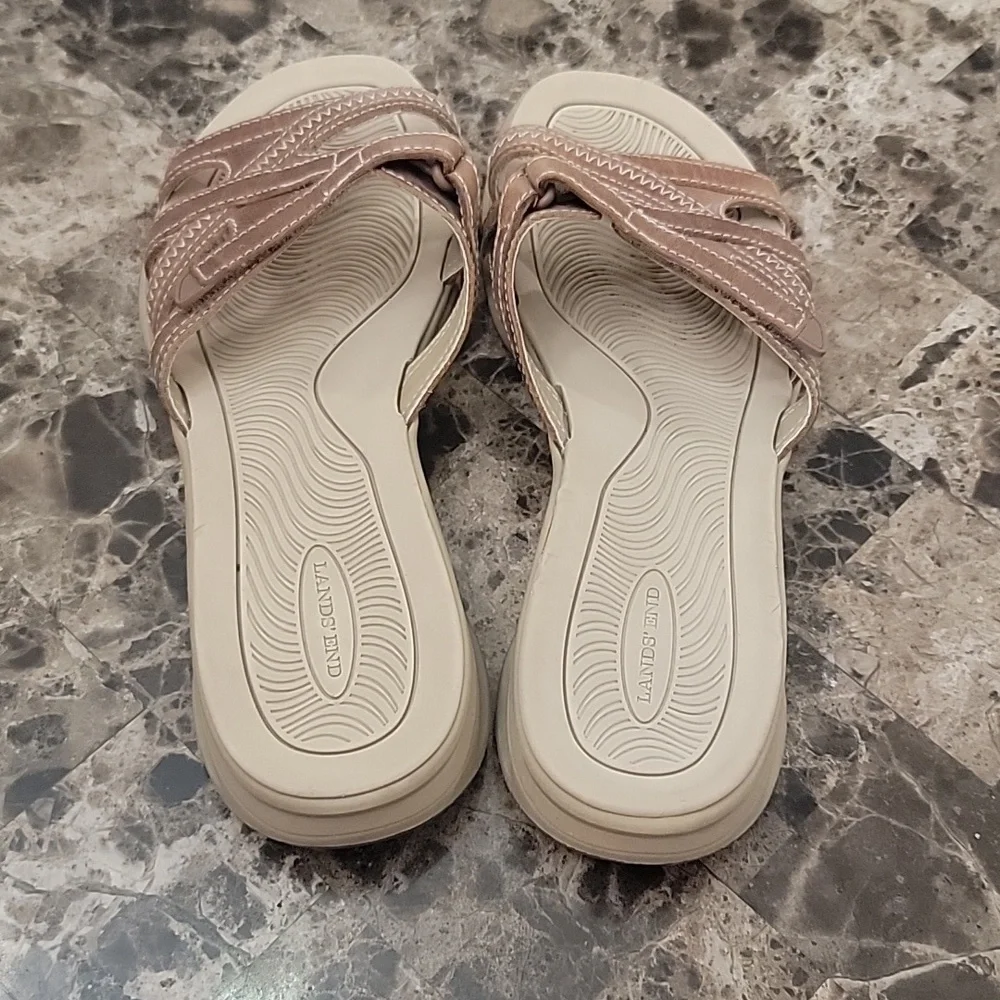 Lands' End Women's Biege Comfort Flat Open Toe Slip on Slide Sandals Siz…